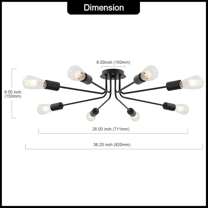 Vintage 8 Light Ceiling Light Industrial Metal Black Sputnik Semi Flush Mount Light for Dining Room Living Room Kitchen