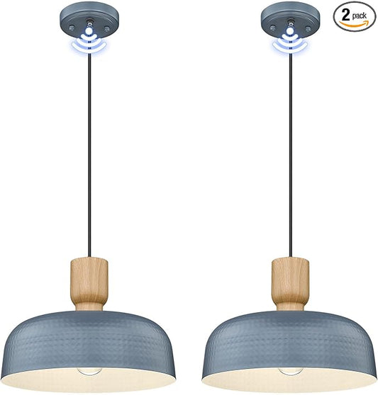 Industrial Pendant Lights 2 Pack Blue, 12.4 inch Farmhouse Pendant Light with Dusk to Dawn Sensor, Adjustable Hanging Light Fixtures with Hammered Metal Shade for Kitchen Island