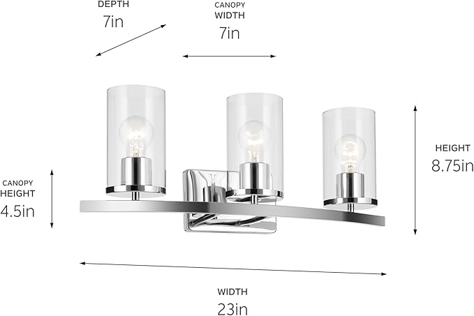 Kichler Crosby 23" 3-Light Bathroom Vanity Light Fixture with Clear Glass in Chrome, Modern Wall Mount Lighting for Powder Room, Mirror Lighting (23" x 8.75"), 45497CHCLR