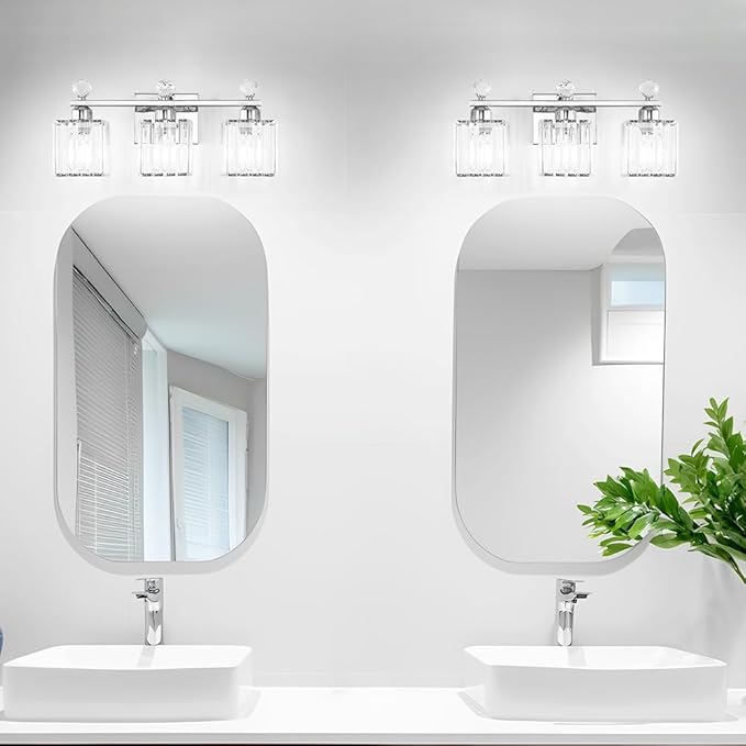 Lxybcce 18.8 Inch Bathroom Vanity Light with Clear Crystal Shades, 3-Light Chrome Modern Fixture for Mirror, Easy Installation & Dimmable Lighting, Shadow-Free Illumination for Bathroom Mirror Decor