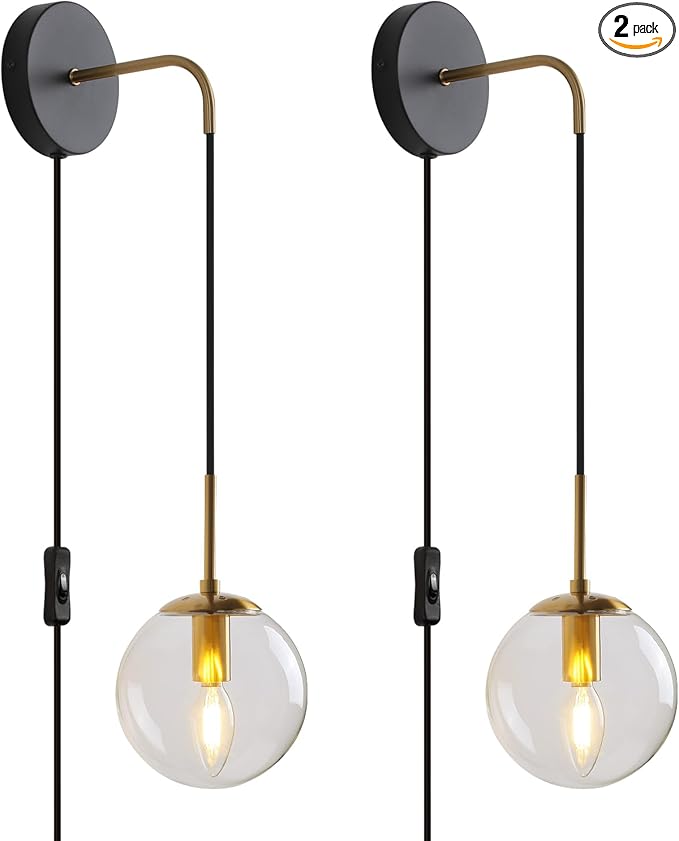 KUZZULL Wall Sconces Set of Two Black and Brass Plug in Wall Sconces Set of 2 with Globe Clear Glass Shade Wall Lights Wall Lamps for Bedrooms Sconces Wall Decor Set of 2 with Plug in Cord Switch