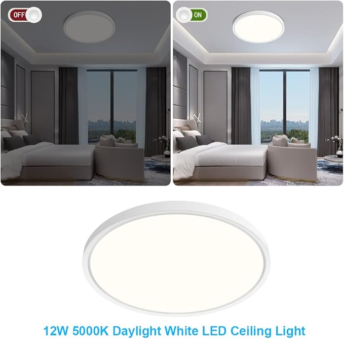 inShareplus 7inch LED Ceiling Light Fixture, White 12W(120W Equiv) 5000K Daylight White Flush Mount Ceiling Lights, Super Bright, Ultra-Thin, 1500LM Ceiling Lamp for Bedroom, Kitchen, Office, Hallway