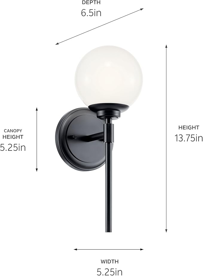 Kichler Benno 1-Light Wall Sconce, Modern Light with Opal Glass in Black, for Bathroom, Powder Room, Kitchen, Bedroom, or Hallway (13.75" x 5.25"), 55170BK