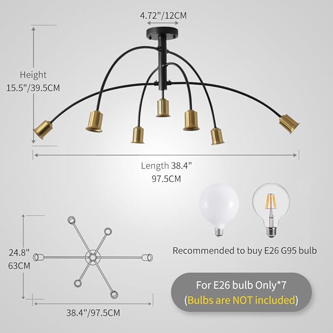 Modern Mid Century Large Kitchen Island Chandelier,Bright Long 7 Light Gold and Black Sputnik Semi Flush Mount Ceiling Light Fixture for Dining Room Living Room Bedroom