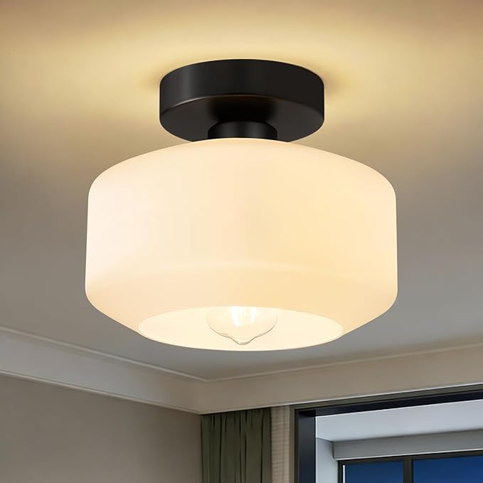 Lynnoland Industrial Semi Flush Mount Ceiling Light, Milky White Glass Shade Ceiling Light Fixture, Black Light Fixture for Hallway Bathroom Bedroom, Vintage Hanging Light Fixtures