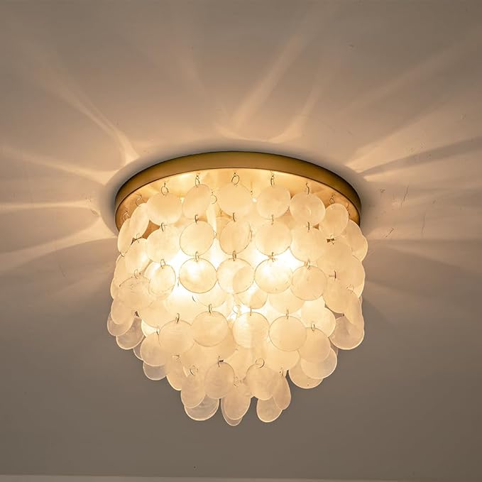 3-Lights Capiz Shell Ceiling Light Fixtures, Gold Boho Flush Mount Ceiling Light for Living Room, Bedroom, Kitchen Island, Foyer, Entryway, Seashell Coastal