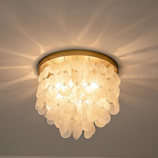 3-Lights Capiz Shell Ceiling Light Fixtures, Gold Boho Flush Mount Ceiling Light for Living Room, Bedroom, Kitchen Island, Foyer, Entryway, Seashell Coastal