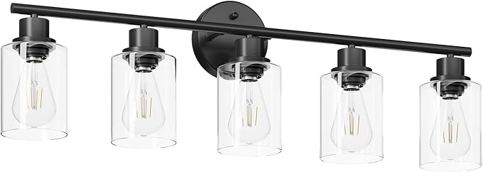 5-Light Black Bathroom Vanity Lights, E26 Modern Bathroom Light Fixtures with Clear Glass Shade, Mirror Kitchen Hallway Cabinet Living Room Sconces Wall Lights