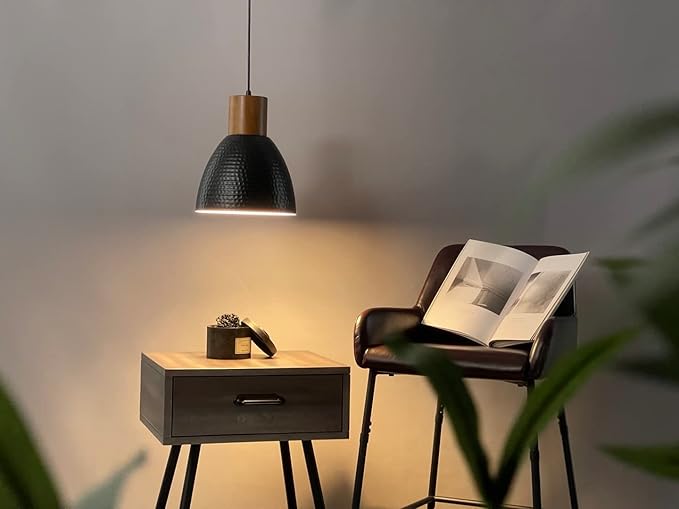 ELYONA 3 Pack Hammered Pendant Lights for Kitchen Island 7” Small Metal Solid Wood Hanging Light Fixtures Adjustable Height Farmhouse Pendant Lighting for Dining Room Bedroom Bar Office, Modern Black