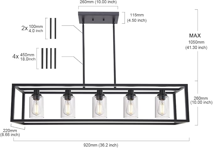MELUCEE 36.2 Inches Length Industrial Chandelier for Kitchen Island, 5-Light Rectangle Dining Room Lighting Fixtures Hanging Black Finish, Farmhouse Pendant Light Open Metal Frame with Clear Glass