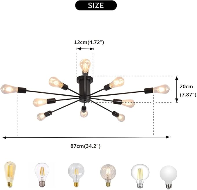 Garwarm Semi Flush Mount Ceiling Light, 10-Light Modern Black Sputnik Chandelier Industrial Ceiling Lamp for Kitchen Dining Room Living Room Bedroom Foyer Lighting Fixture
