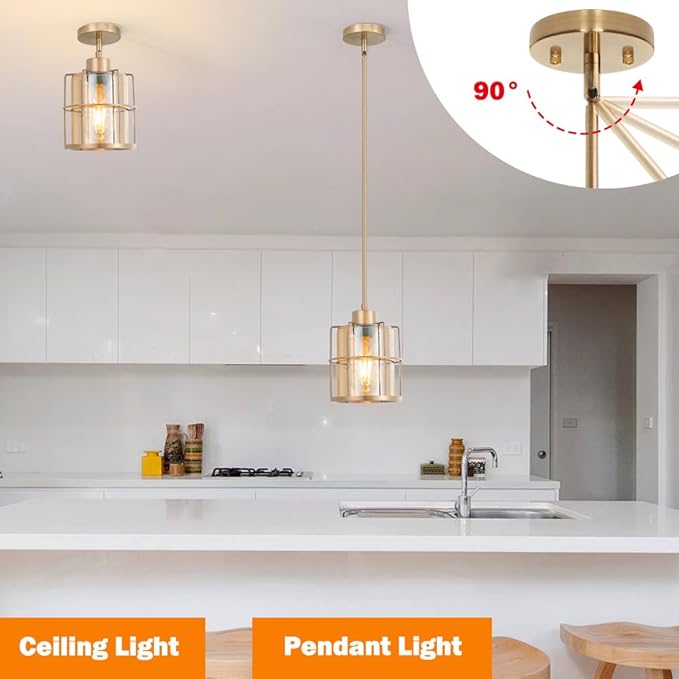 Farmhouse Brass Pendant Light Fixtures with Amber Glass, Gold Kitchen Island Set of 2 with Adjustable Rod, Modern Cage Bathroom Pendant Lights Hanging Light for Sink Dining Room Hallway