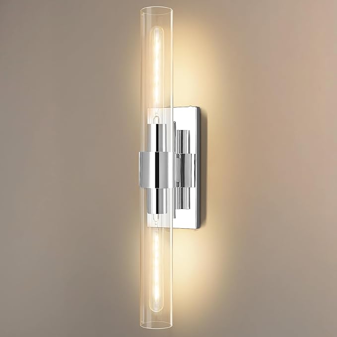 Chrome Wall Sconces, 22.8" Bathroom Sconces, Indoor Sconces Wall Lighting Up and Down, Nickel Wall Sconce Dimmable, Vanity Lights Fixtures with Tube, Glass Sconce for Bedroom, Staircase