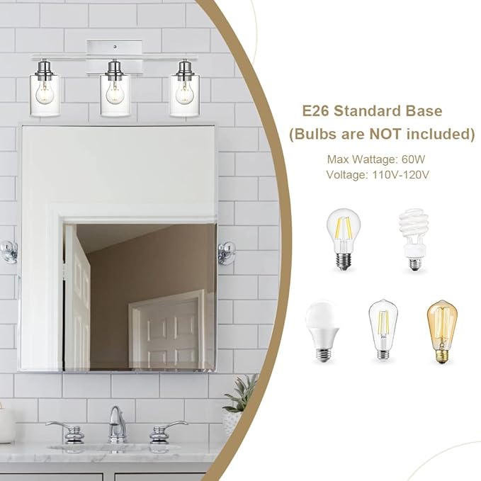 VINLUZ 3 Light Wall Light Fixture with Clear Glass Shade Classic Bathroom Vanity Lighting Fixture in Chrome Finish Metal Wall Mounted Lamp for Powder Room Hallway