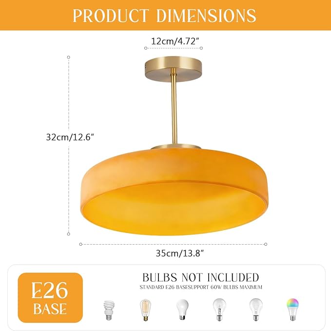 Large Semi Flush Mount Ceiling Light Fixture 13.8" Vintage Glass Ceiling Lights Orange Dome Shade Antique Gold Brass Finish Mid Century Close to Lights for Kitchen Island Hallway