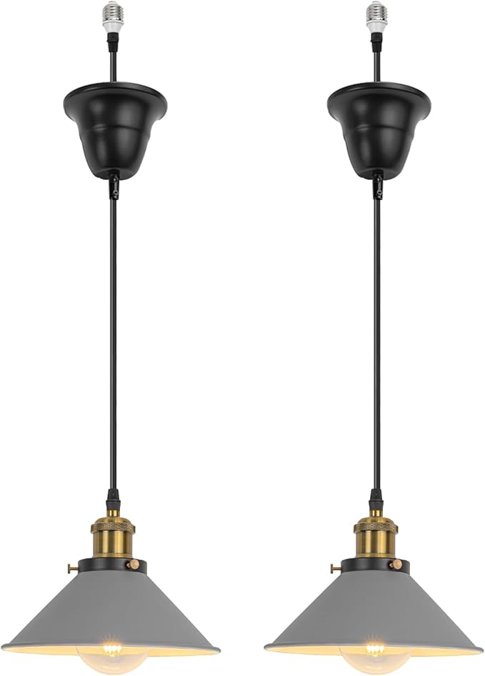 2 Pcs Ceiling Lights Conversion Pendant E26 Base Connections Adjusted Wire Length Cone Metal Grey Lampshade Industrial Style Conversion Kit for E26 Ceiling Lamp Fixtures