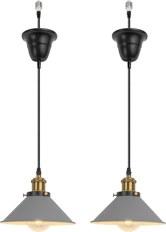 2 Pcs Ceiling Lights Conversion Pendant E26 Base Connections Adjusted Wire Length Cone Metal Grey Lampshade Industrial Style Conversion Kit for E26 Ceiling Lamp Fixtures