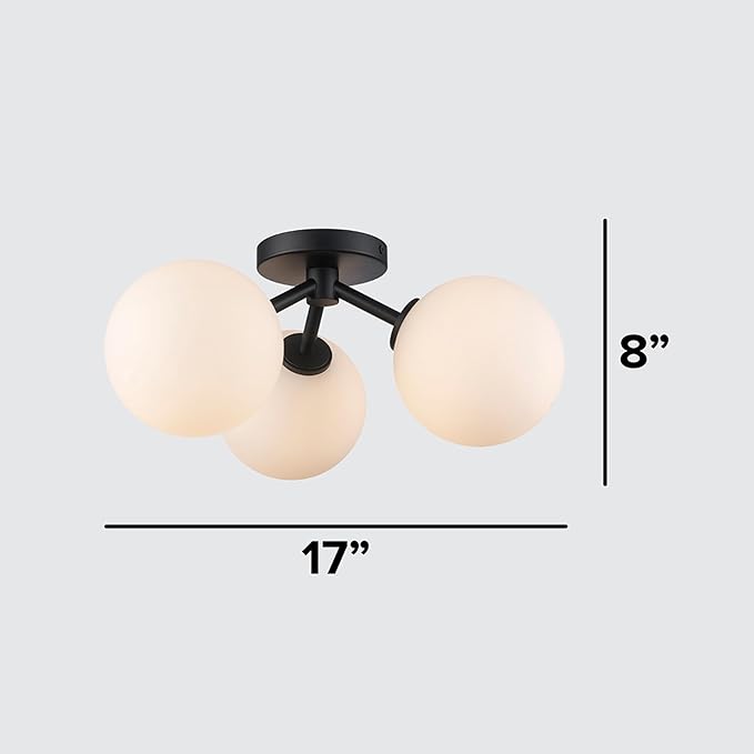 Prismara 16 Inch 3-Light Ceiling Light | Satin Black Finish with Opal Glass Shades | Uses 3 E-12 Candelabra Base Dimmable Bulbs | Modern Flush Mount Light (Black)