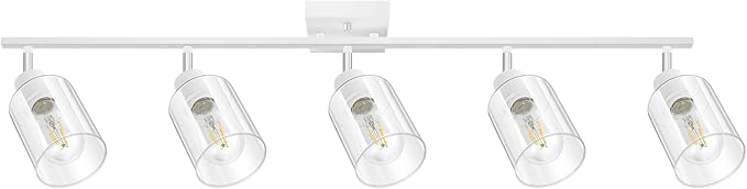 BoostArea White LED 5 Light Track Lighting Kit, 5 Way Ceiling Spot Lighting with Glass Lampshade, Flexibly Rotatable Light Head for Kitchen, Living Room, Bedroom, Bulb Not Included