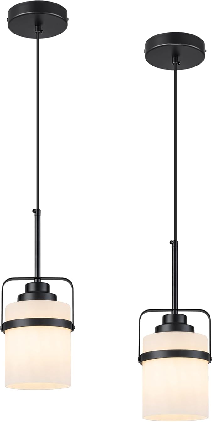 Modern Black Pendant Lights Kitchen Island Light, Adjustable Hanging Light Fixture with Milk Glass Shade, Farmhouse Pendant Light for Dining Room Bar Over Sink/Table/Counter, 2 Pack