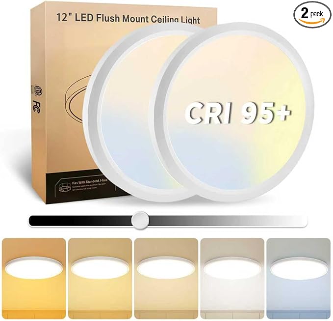 2Pack 12 Inch LED Flush Mount Ceiling Light, 25W, 3000LM, CRI 95+, 2700K-5000K 5CCT & Dimmable, White Round Surface Flat Panel Light for Hallway, Kitchen, Bedroom, Laundry Room