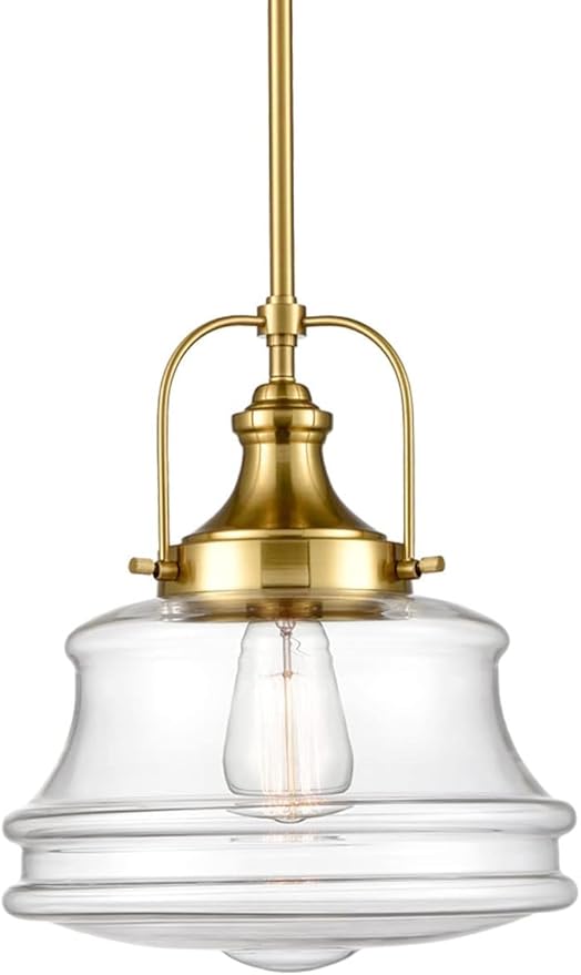 DEYNITE Modern Schoolhouse Pendant Light Fixtures Brass Hanging Kitchen Light with Clear Shade, E26 Light for Dining Room, Bedroom, Bathroom