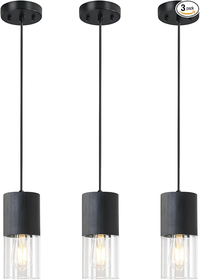 3-Pack Black Pendant Light Fixtures, Adjustable Modern Pendant Lights for Kitchen Island, Industrial Clear Glass Pendant Lights for Dining Table Hallway Bedroom Living Room