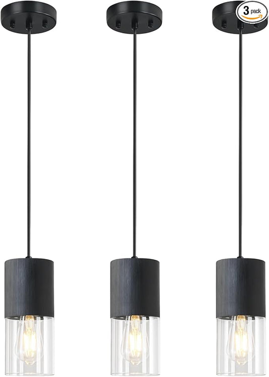 3-Pack Black Pendant Light Fixtures, Adjustable Modern Pendant Lights for Kitchen Island, Industrial Clear Glass Pendant Lights for Dining Table Hallway Bedroom Living Room