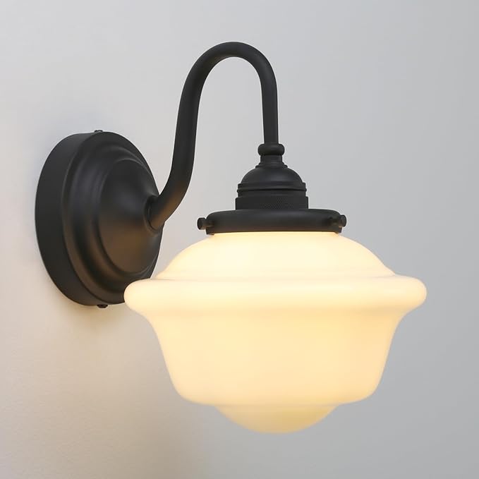Pathson Vintage Wall Sconce with Milk White Glass, Hardwired Swan-Neck Wall Vanity Light Bathroom Sconce Fixture for Living Room, Foyer, Loft, Bedroom, Farmhouse Lamp