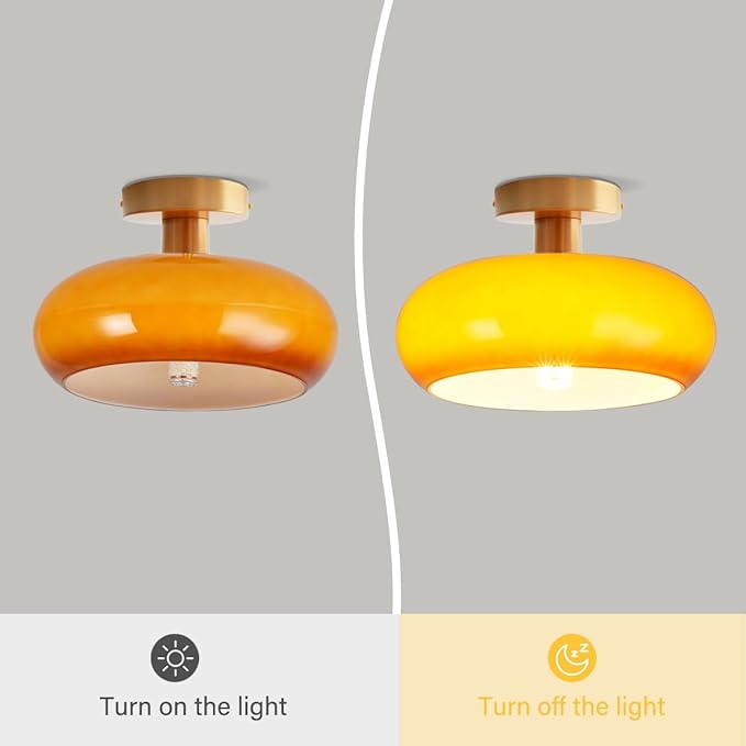 Modern Glass Flush Mount Ceiling Light, Orange Gold Mid Century Hallway Light Fixtures, Vintage Glass Ceiling Lamp, Brushed Brass Dining Room Light Fixture