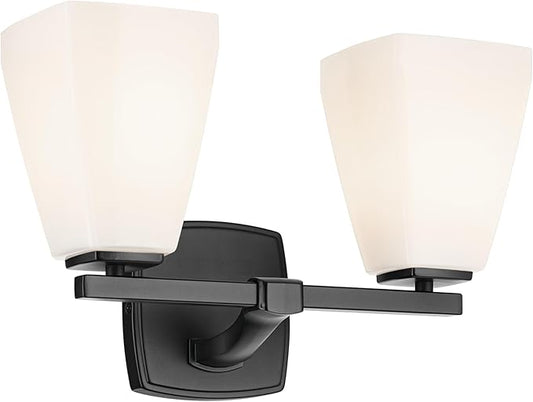 Kichler Marant 2-Light Bathroom Vanity Light Fixture with Opal Glass, 14.25" Modern Wall Sconce in Black for Over Mirror, Powder Room (14.25" W x 9.5" H), 55215BK