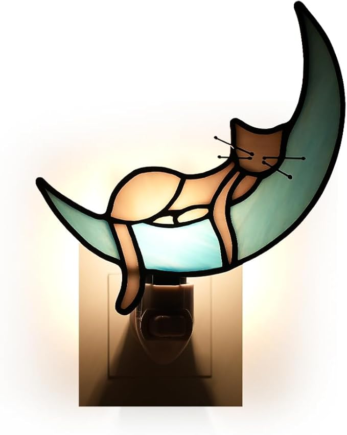 BOXCASA Cat on Moon Decor Stained Glass Night Lights Plug Into Wall Decorative,Night Light Plug in Decor for Children's Room Kitchen Toilet Bathroom,Cats Themed Gifts for Women Cat Lover