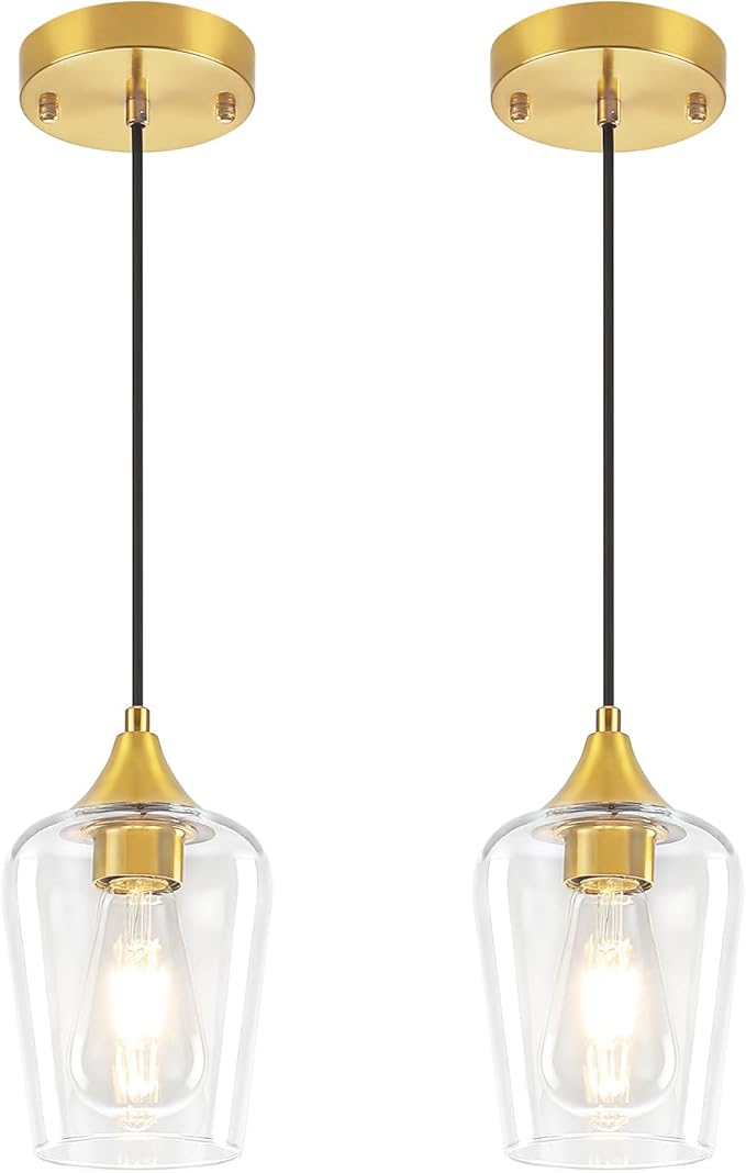 2-Pack Brushed Gold Pendant Lights Kitchen Island, Modern Glass Pendant Lighting Over Island Kitchen Hanging Light Fixtures Hallway Pendant Lights for Bathroom Dining Room Entryway Foyer Bedroom