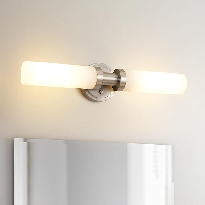 SANTOSTOCK Brushed Nickel Bathroom Light Fixtures, 2-Light Vanity Lights W/White Glass Shade, Modern Sconces Wall Lighting for Mirror Kitchen Bedroom Hallway Living Room, E26 T10 Bulbs(Excluded)