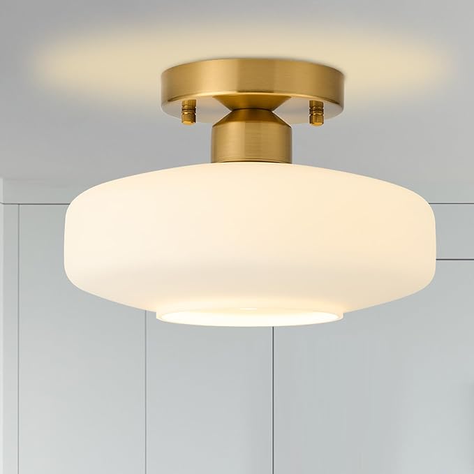 Modern Ceiling Light,10.24 inch,Milk White Glass Shade,Gold Finish Flush Mount Light Fixture for Hallway, Entryway, Laundry Room