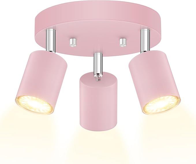 BoostArea LED 3 Light Track Lighting Kit, LED Track Lighting Fixtures, Pink Round Ceiling Spot Lighting, Flexibly Rotatable Light Head for Kitchen, Living Room, Bedroom, GU10 Bulb Not Included