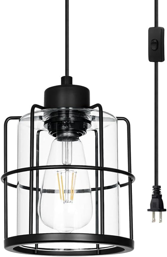 Black Plug In Pendant Light For Ceiling, Hanging Light Fixture With 16.4ft Plug In Cord, Adjustable Cage Plug In Hanging Lamp With Clear Glass Shade, Small Swag Light Fixture For Bedroom