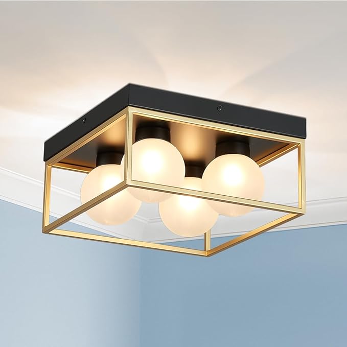 AGV LIGHTING Modern Flush Mount Ceiling Light, Black and Gold Ceiling Light Fixture with 4 Frosted Glass Globes, Semi Flush Mount Ceiling Lamp for Bedroom Kitchen Hallway Entryway