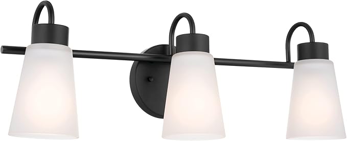 Kichler Erma 3-Light Bathroom Vanity Light Fixture with Satin Etched Glass Shades, Modern Traditional Wall Mount Lighting in Black for over Mirror (23 x 8.5 x 6 in), 45887BK
