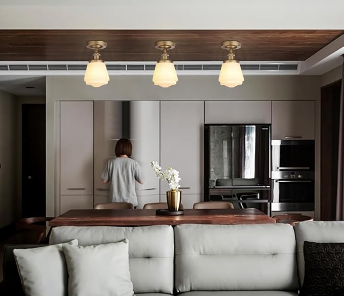 Industrial Semi Flush Mount Ceiling Light with Milk White Glass Pendant Lamp Shade, Vintage Close to Ceiling Light Fixture for Porch, Hallway, Entryway, Kitchen, Bedroom, Hotel