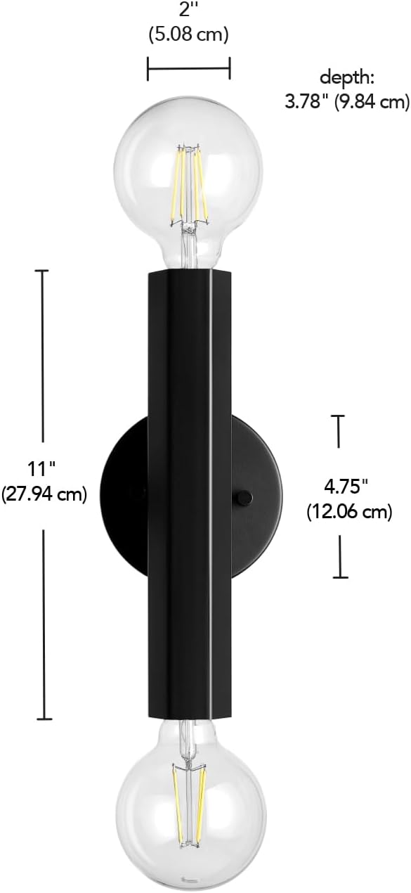 Globe Electric 2-Light Vanity Light, Matte Black, Hexagonal Bar, Minimalist Industrial, Vertical Horizontal Mount, 63000198