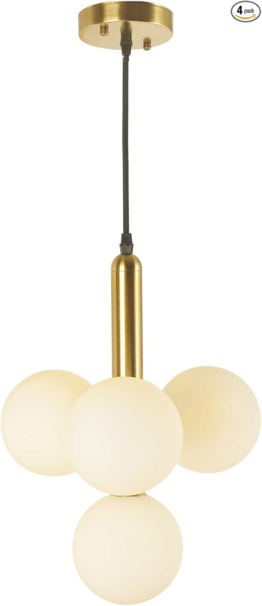 4 Lights Modern Globe Pendant Light Fixture Mid Century Chandelier G9 Bulb Brushed Brass Finished White Globe Glass Shade Dining Kitchen Living Room Lighting (Gold)