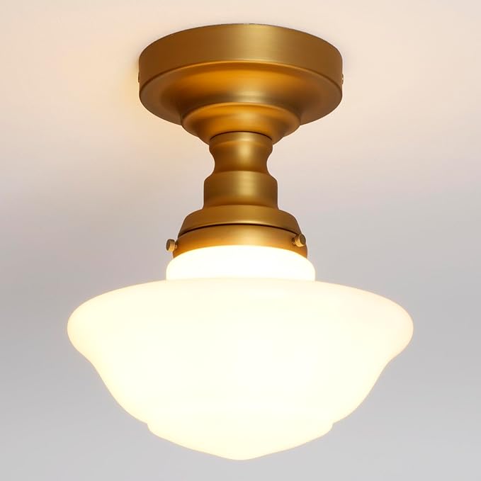 Modern Schoolhouse Semi Flush Mount Ceiling Light with Milk White Glass Lampshade, Industrial Close to Ceiling Light Fixture for Farmhouse Bedroom Hallway Entryway
