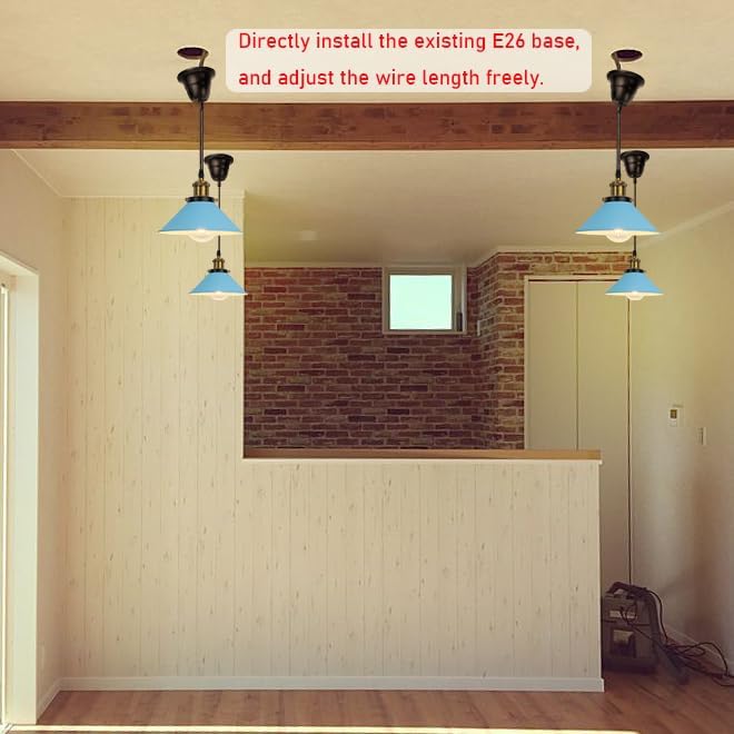 1 Pcs Ceiling Lights Conversion Pendant E26 Base Connections Adjusted Wire Length Cone Metal Blue Lampshade Industrial Style Conversion Kit for E26 Ceiling Lamp Fixtures