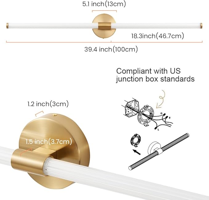 Dimmable LED Bathroom Vanity Lights Hardwired 360° Full Lighting Bathroom Light Fixtures Over Mirror Vanity Light Bar Modern Wall Sconce Warm Light for Bedroom Living Room - Gold, 39 inch