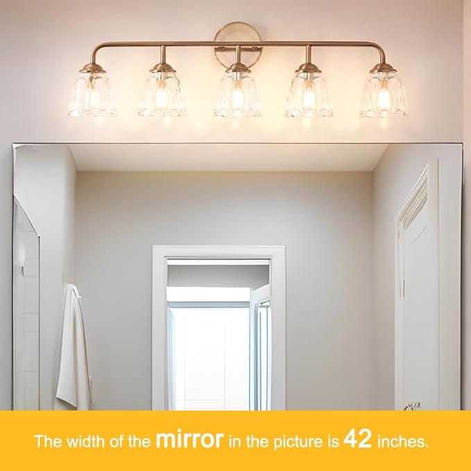 Daunton 5-Light Vintage Vanity Light, Brushed Brass Vanity Lighting, Elegant Bathroom Lighting Fixtures Over Mirror, Bathroom Vanity Light with Clear Glass Shade, Gold Wall Sconce for Bedroom