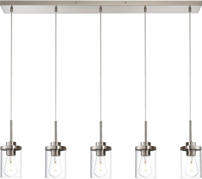 5 Lights Island Lights for Kitchen Modern Industrial Brushed Nickel Linear Chandeliers with Clear Glass Shade for Dining Room Kitchen Long Finish Ceiling Lighting Fixtures