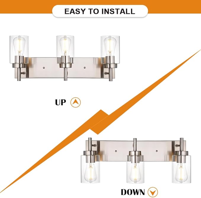 VINLUZ Vanity Bathroom Light Fixture Brushed Nickel 3 Lights Modern Wall Sconce Lighting with Clear Glass Shade Vintage Rustic Porch Wall Lamp Bedroom(Patent No.: US D958,438 S)