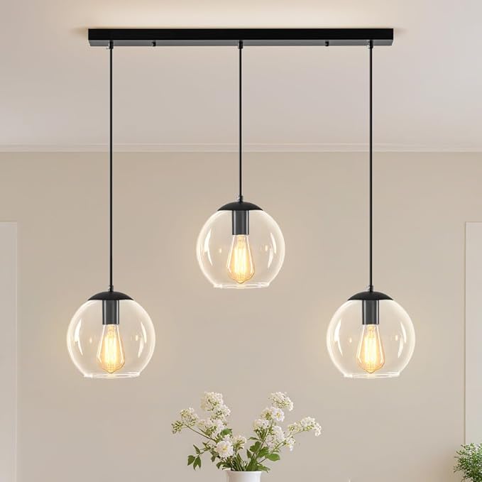Globe Pendant Light, Modern Hanging Lighting Fixture, Classic Cluster Chandelier with Clear Glass Shades(Black, 3 Lights, 27.6 Inch)