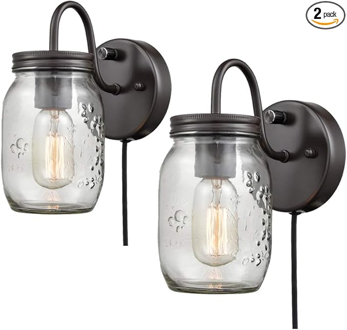DIRYZON EUL Vintage Mason Jar Light Fixture Clear Glass 2-Pack Wall Lights Oil Rubbed Bronze